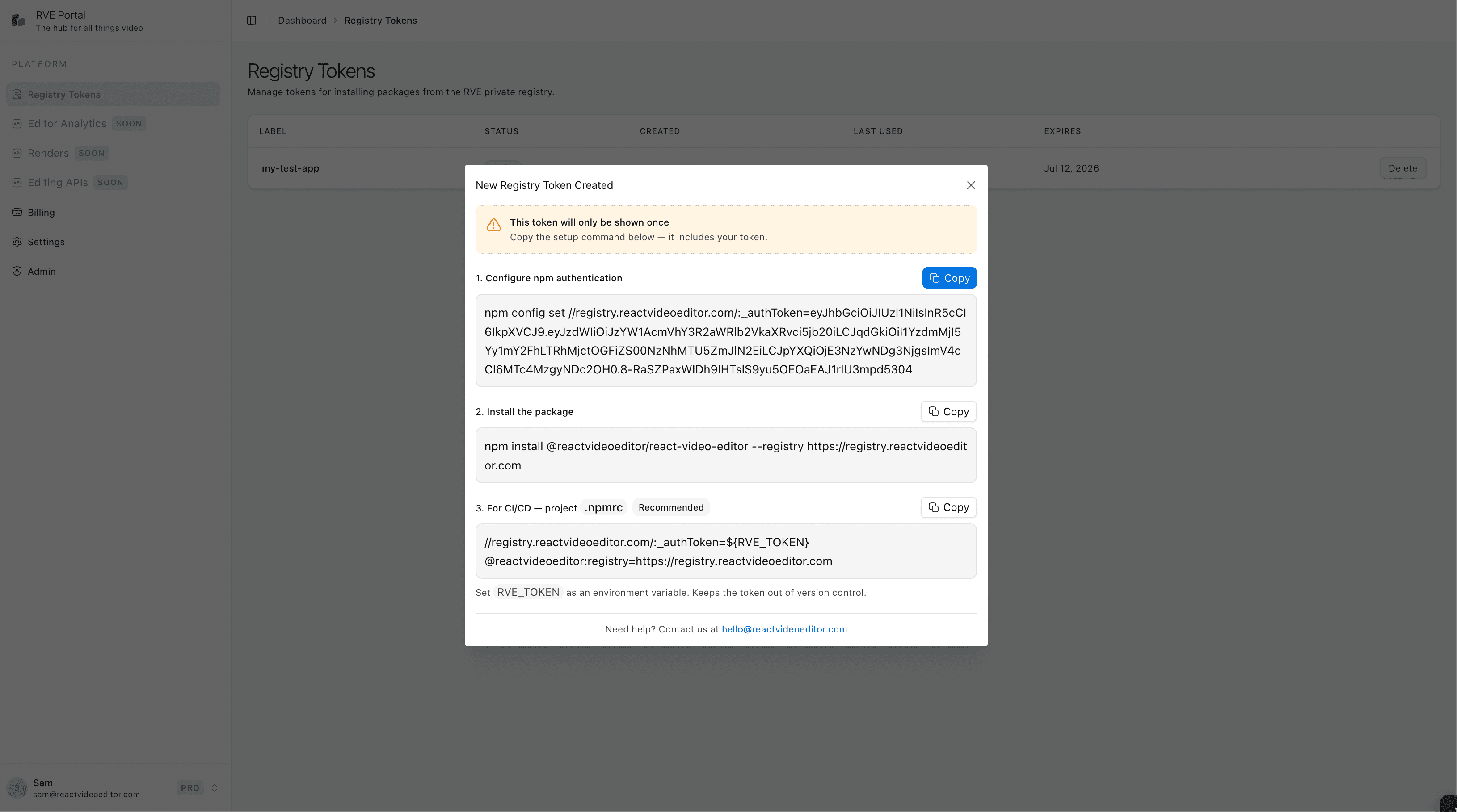 Token created with setup instructions