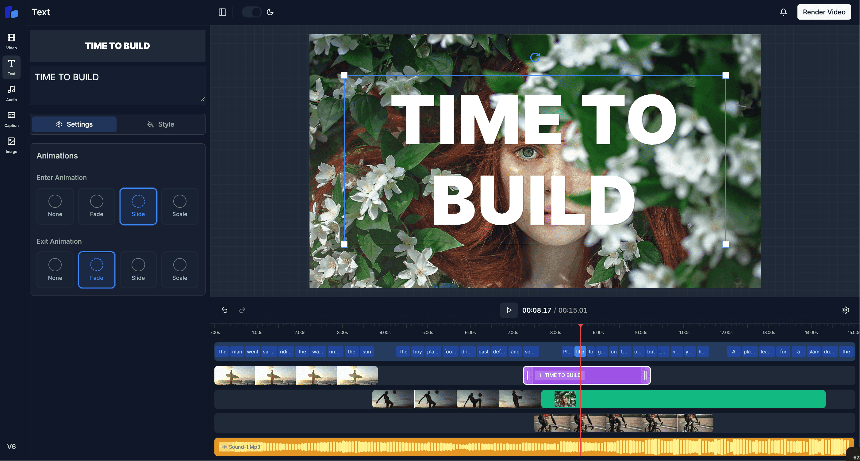 React video editor interface showing transition effects panel with customizable animations and overlay options