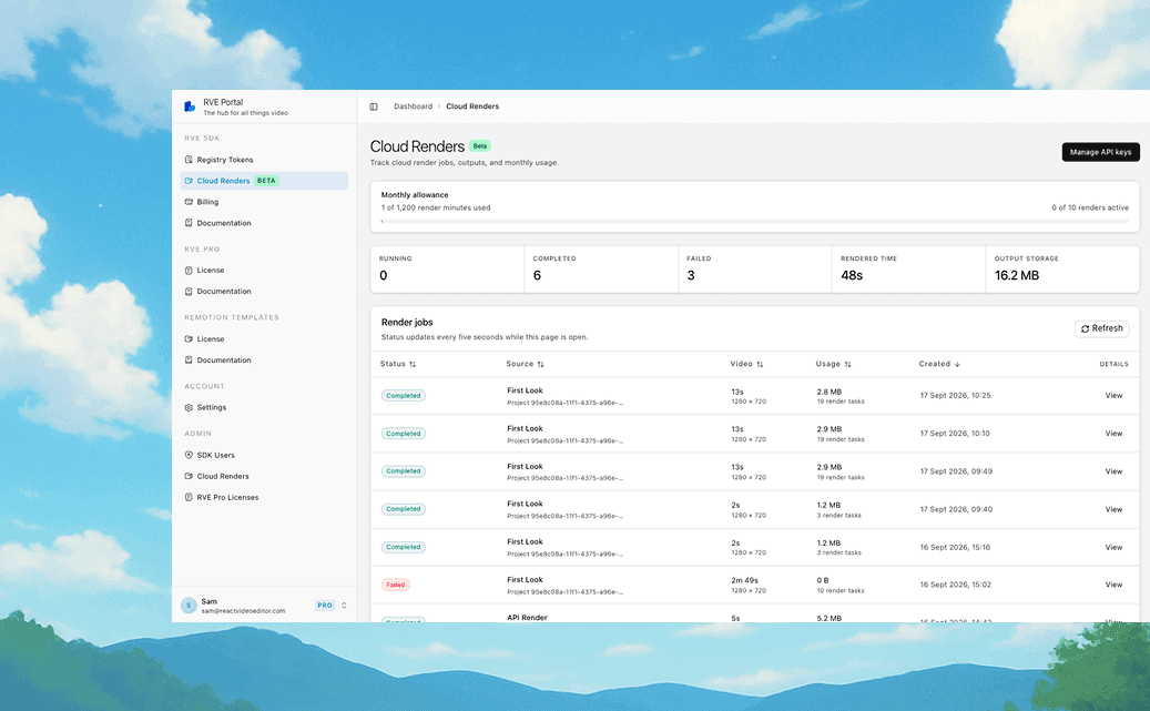 RVE Portal cloud render jobs dashboard